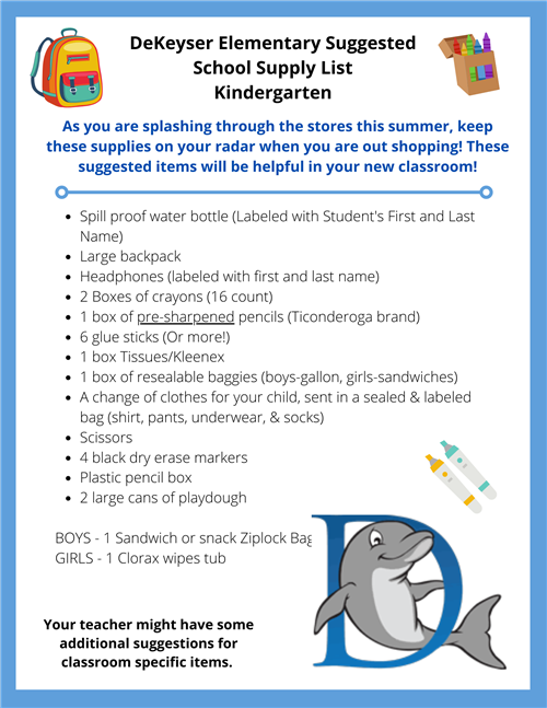 DeKeyser Elementary Supply List for Kindergarten